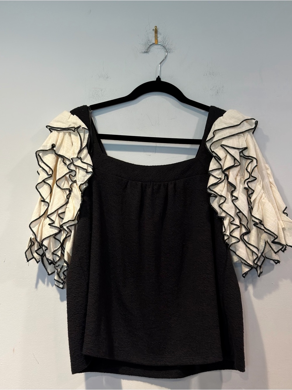 Anthropologie Sunday in Brooklyn Black Square-Neck Top with Ivory Ruffle Sleeves